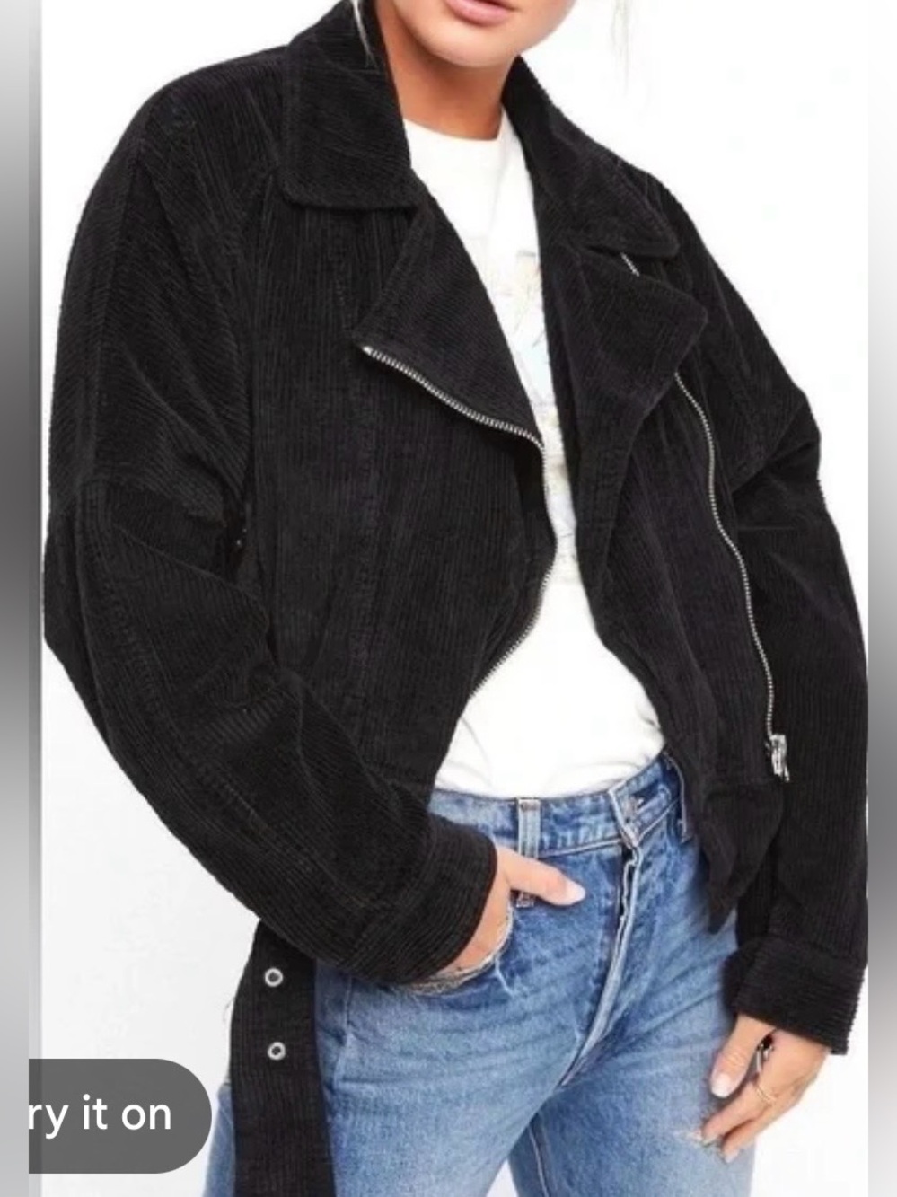 Free people slouchy oversized black corduroy dolmon moto jacket sz large